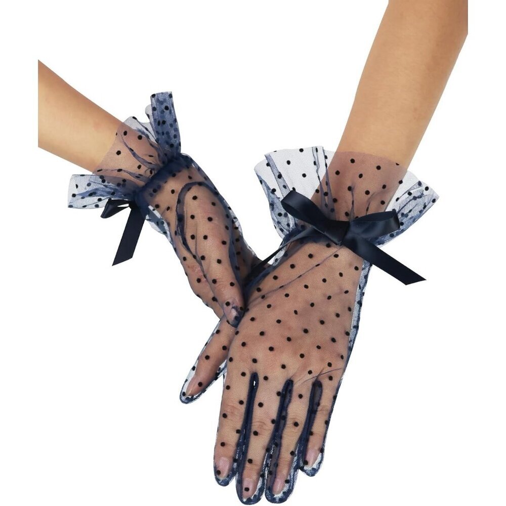 Women's Evening Beige Bow Short Lace Gloves Ruffles Wedding Party Accessories - Picture 5 of 7